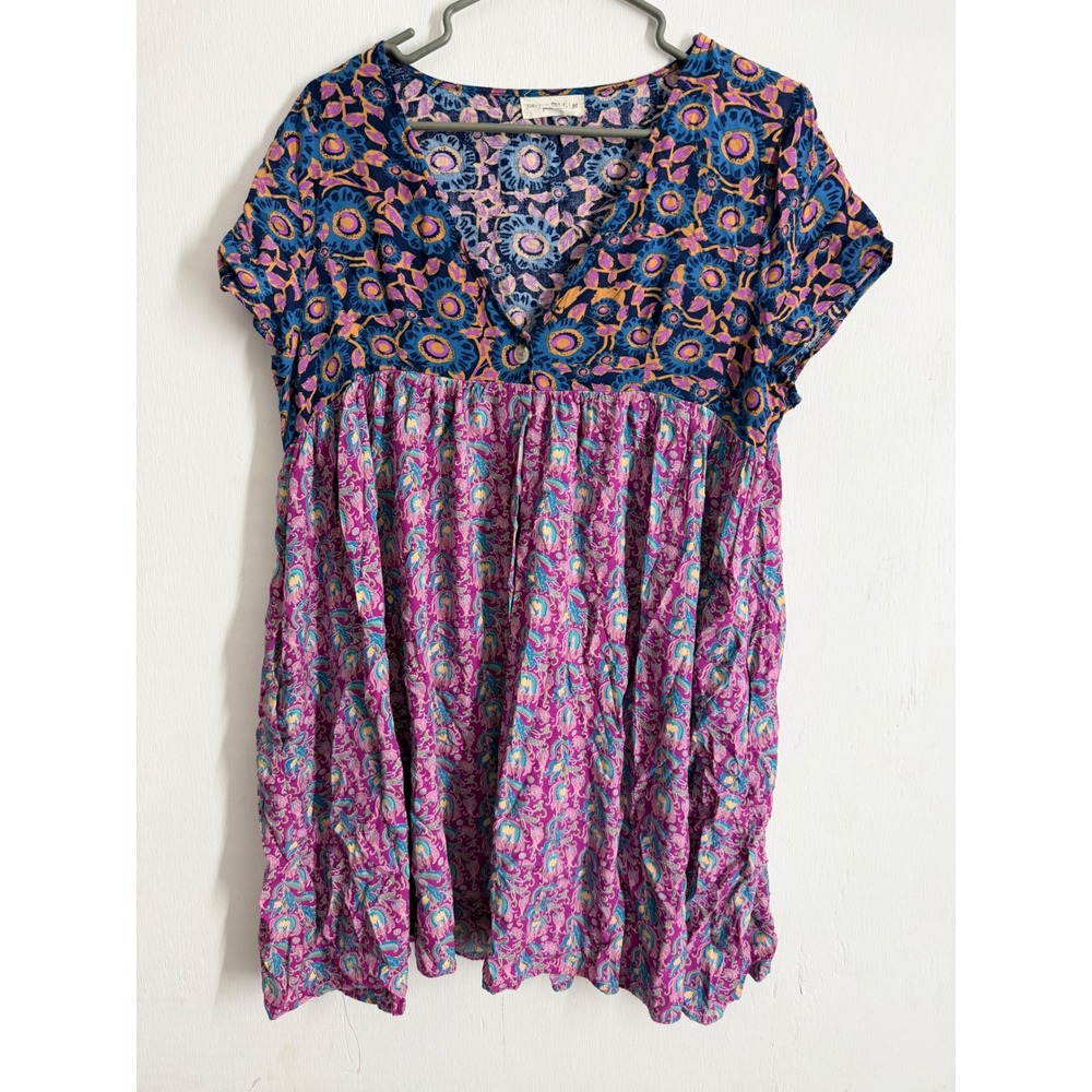 Natural Life Boho Mixed Floral Babydoll Tunic Top Purple Blue Medium Rayon